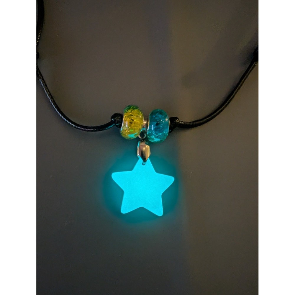 Glow in the Dark Star Pendant Necklace Adjustable Black Cord Glass Beads